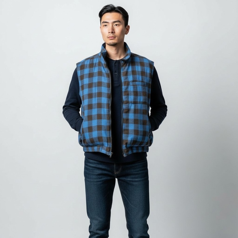 VTG Ozark Trail Quilted Flannel Men Vest Buffalo Check Blue 2X XXL Grandpa Camp